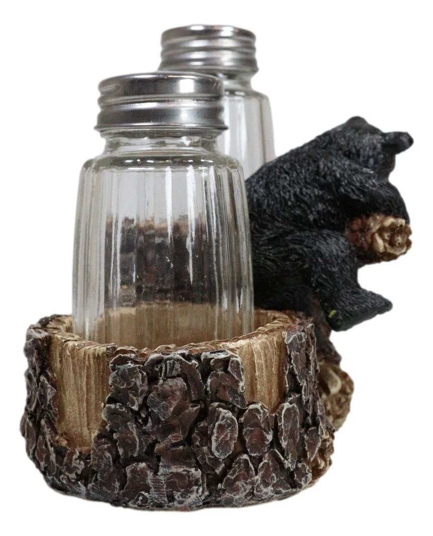 Rustic Forest 2 Black Bear Cubs Playing By Tree Logs Salt Pepper Shakers Holder-3