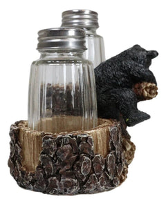 Rustic Forest 2 Black Bear Cubs Playing By Tree Logs Salt Pepper Shakers Holder-3