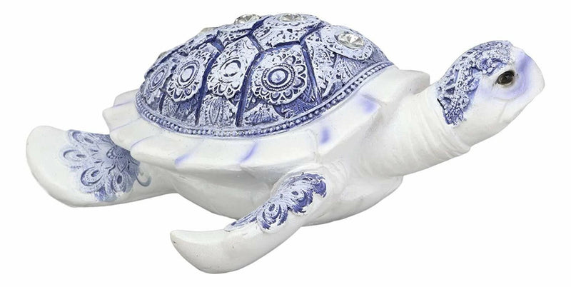 Terracotta Blue And White Feng Shui Celestial Sea Turtle Statue 6"Wide-3