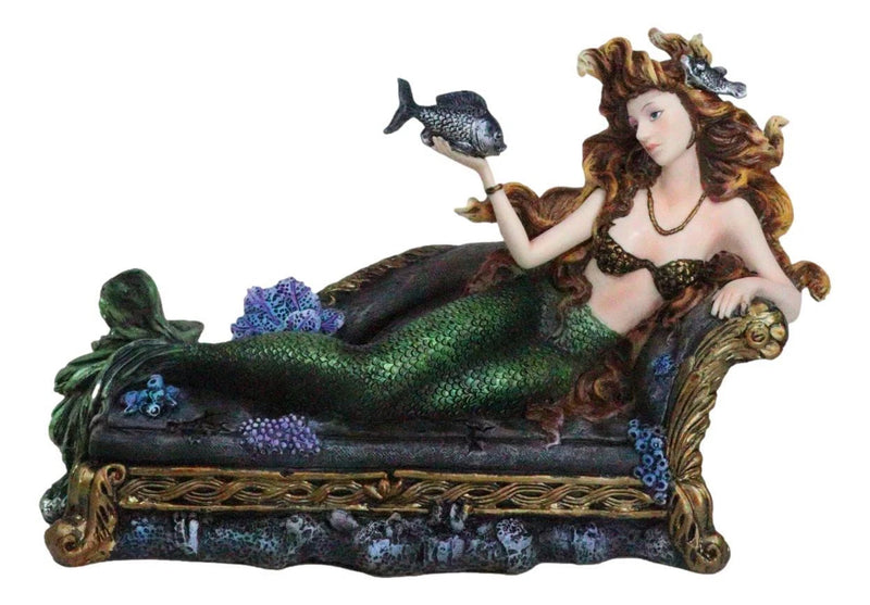 Queen Of Atlantis Siren Mermaid With Fish Resting On Sea Lounge Chair Figurine-2