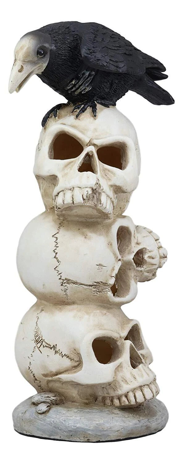 Gothic Raven Crow Bird Perching On Totem Stacked Skulls With LED Light Statue