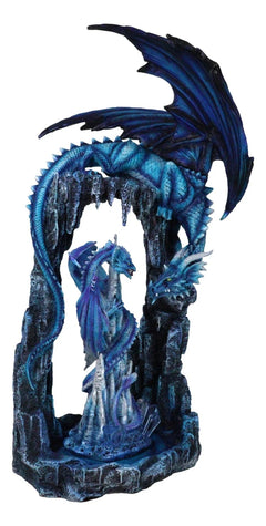 20"H Large Blue Frozen Dragon On Arch With Wyrmling By Ice Stalagmite Statue-2