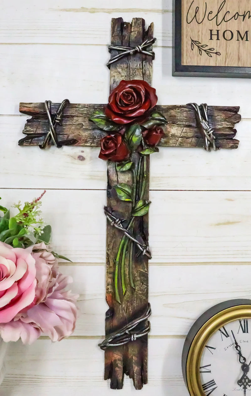 Rustic Western Faux Wooden Valentine Love Red Roses With Barbed Wires Wall Cross-1