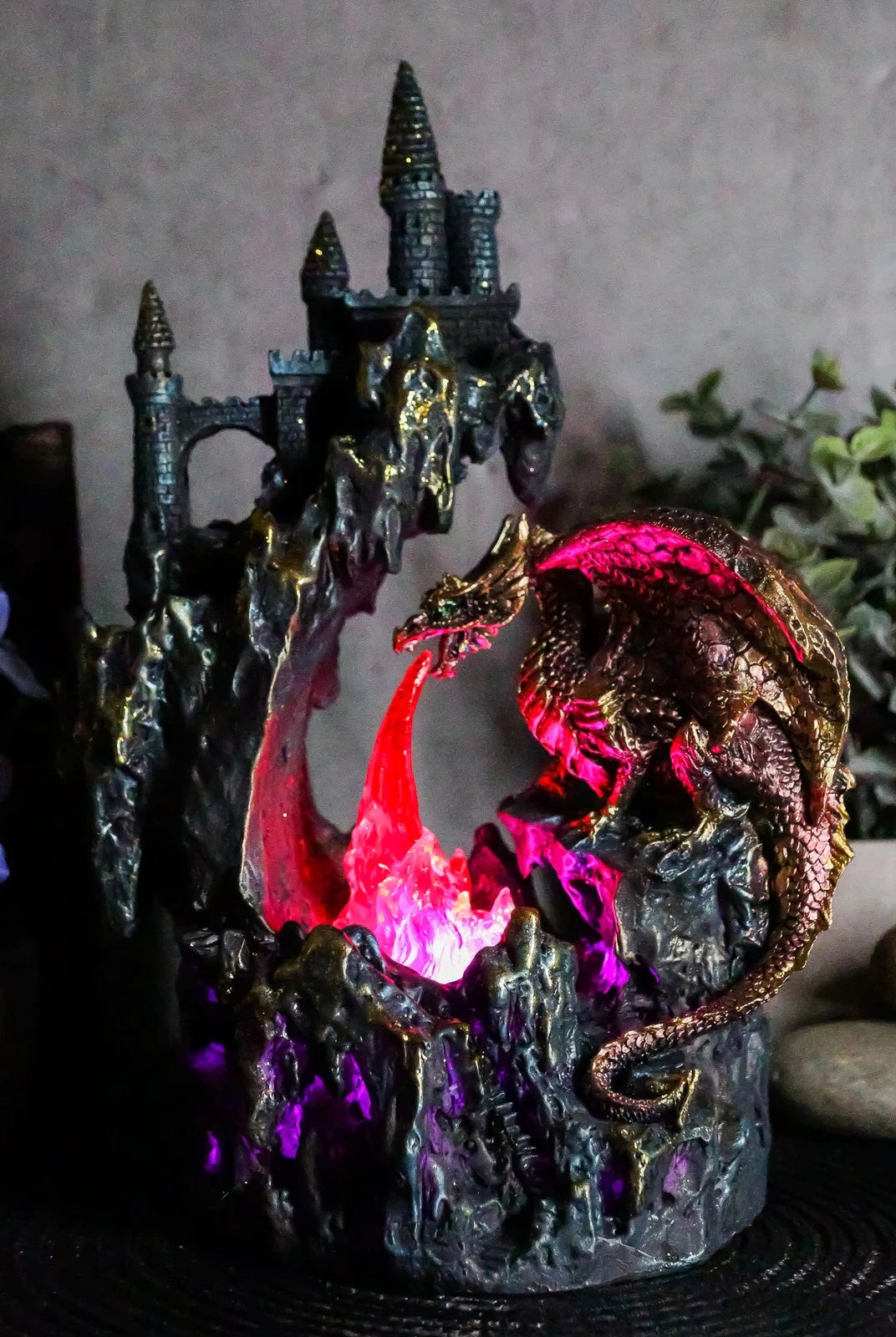 Red Garnet Fire Dragon By Rocky Mountain With Castle LED Light Figurine-1