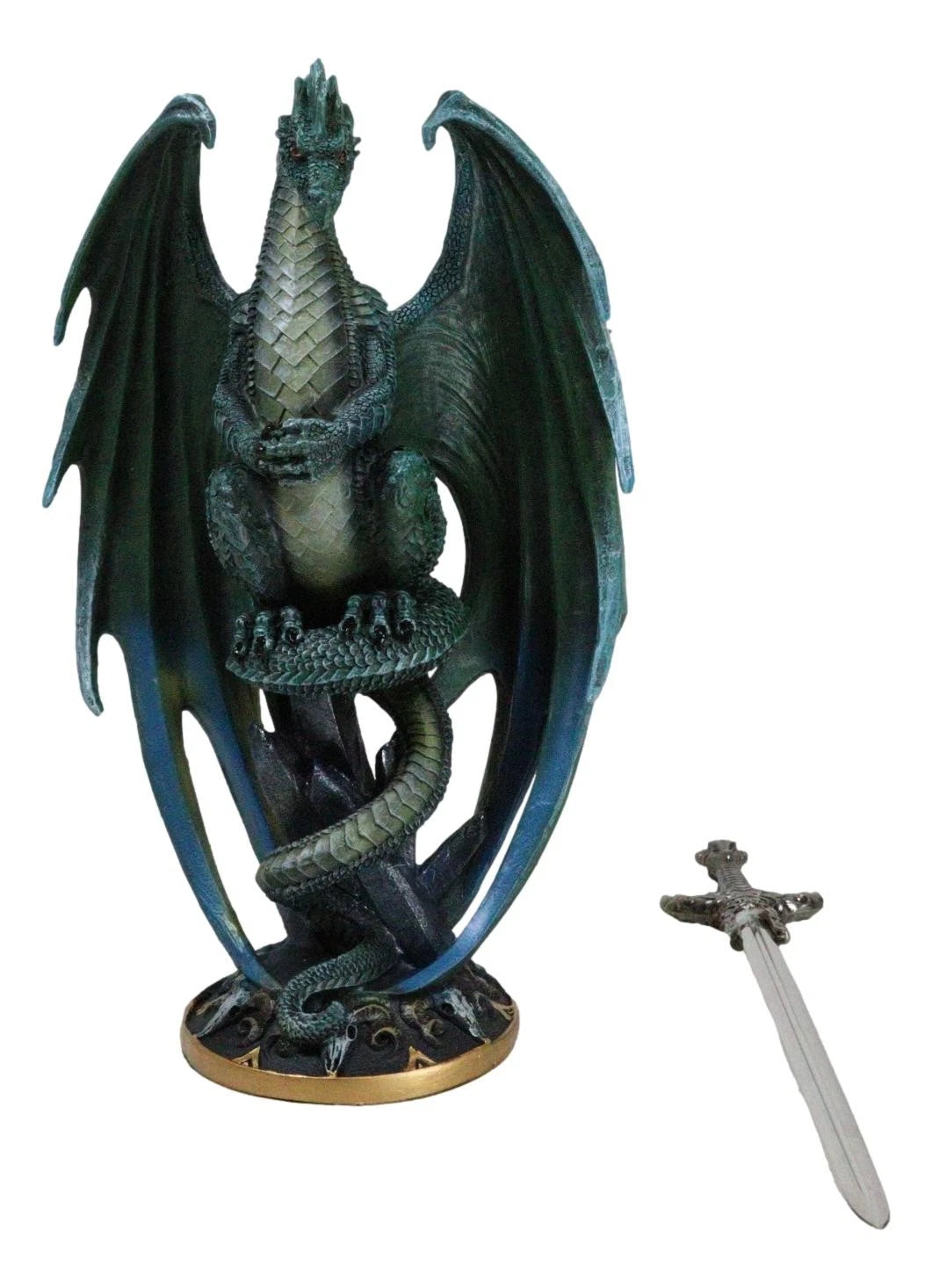 Ram Skull Blade Green Dragon Statue with Dragon Letter Opener Blade 10"H-3