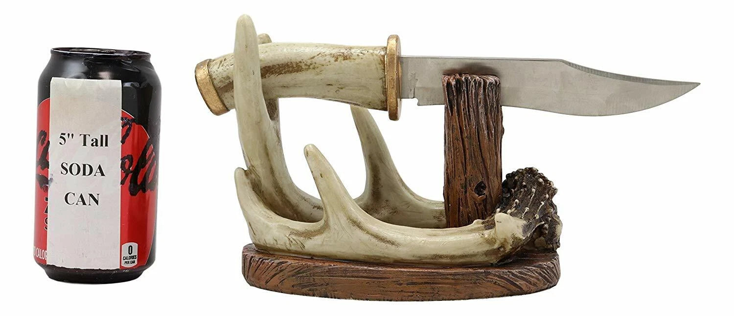 Western Rustic 8 Point Buck Stag Deer Antlers Display With Bear Sculpted Dagger-3