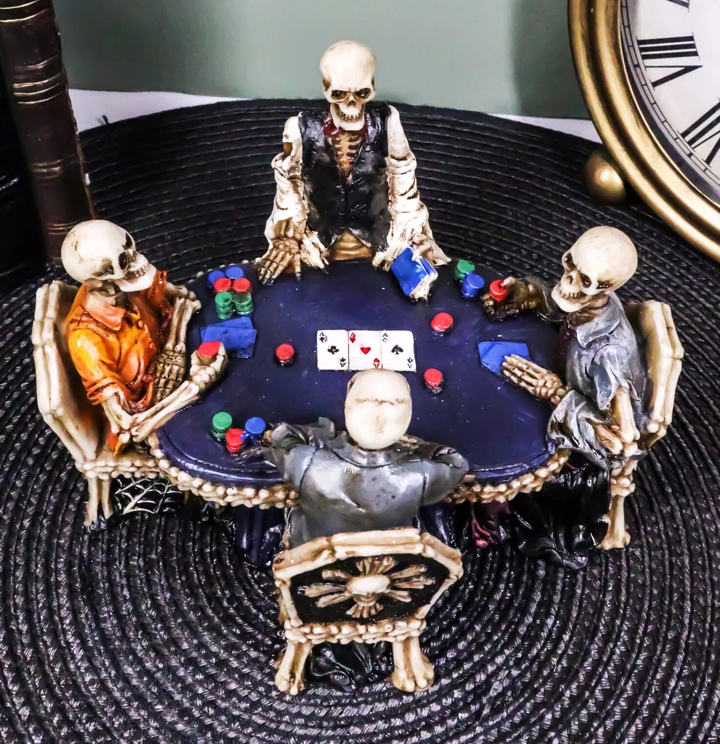 Skeleton Gamblers 6.25"L Three Poker Players With A Dealer Sculpture-2