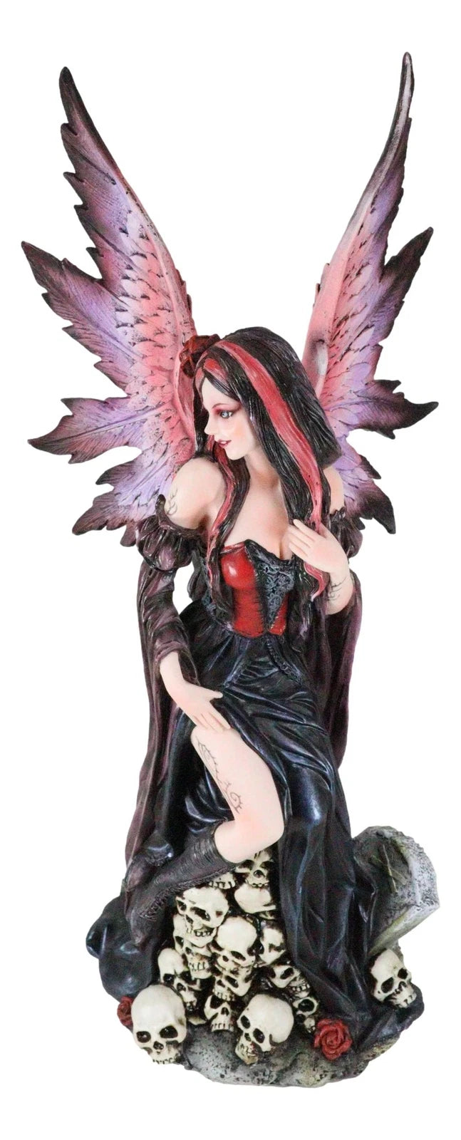Black Sorceress Skulls Fairy with Red Rose Standing On Tombstone Figurine 15"H-4