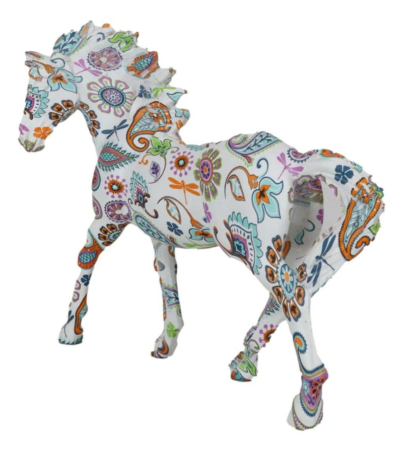 Equestrian Chic Beauty Rainbow Paisley White Horse Hand Painted Statue 7.5" L-3