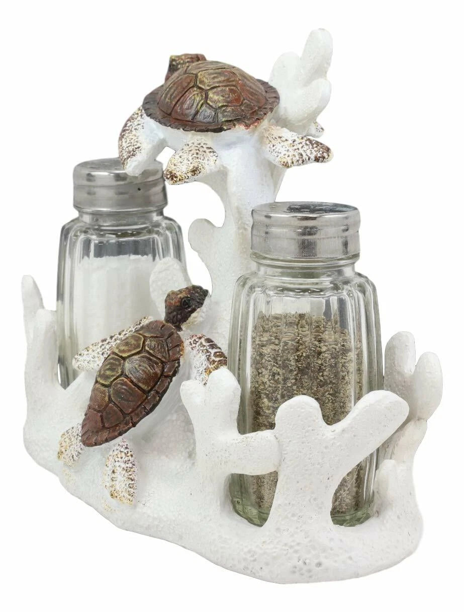 Nautical Coral Reef With 2 Sea Turtles Salt And Pepper Shakers Holder Set-2