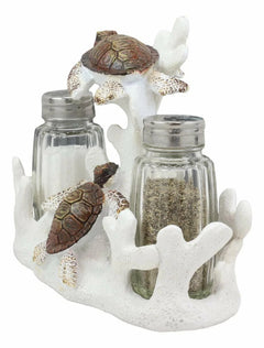 Nautical Coral Reef With 2 Sea Turtles Salt And Pepper Shakers Holder Set-2