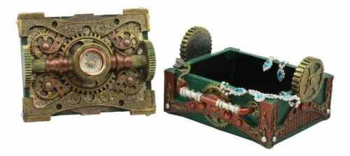 Steampunk Mechanical Gears Design Secret Jewelry Box With Navigational Compass-3