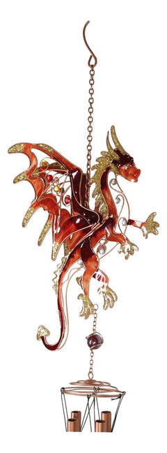 Medieval Fantasy Red Gold Fire Dragon Art Glass Gemstones Metal Wind Chime-3