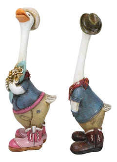 Set of 2 Western Cowboy Cowgirl Ducks With Hats Scarves And Boots Figurines-3