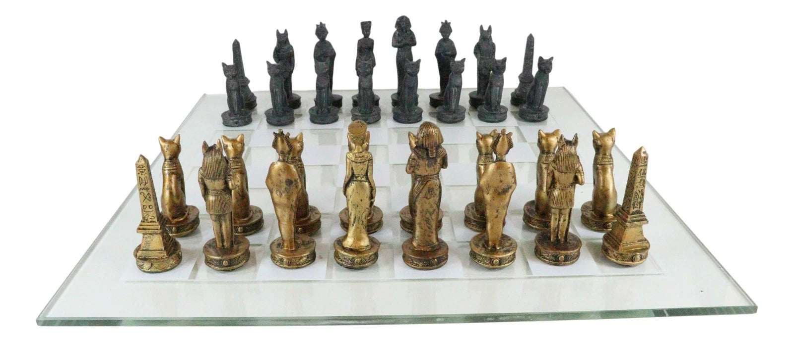 Egyptian Gods Monuments King Tut & Nefertiti Chess Pieces Glass Board Set