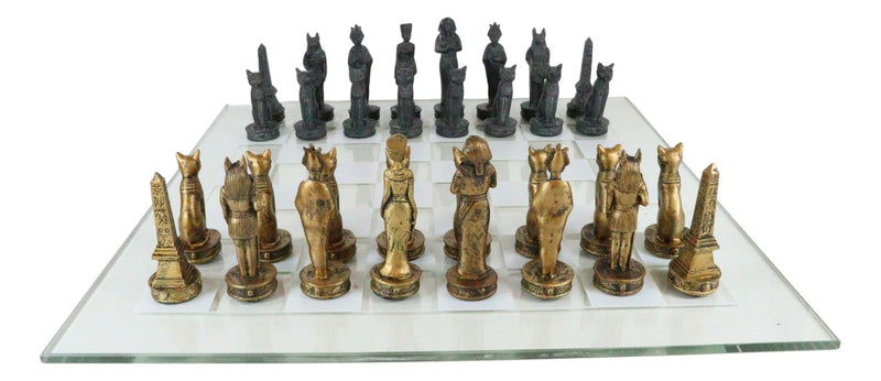 Egyptian Gods Monuments King Tut & Nefertiti Chess Pieces Glass Board Set-2