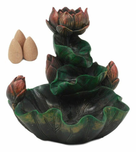 Zen Lotus Blossom Backflow Incense Cone Burner Tower Statue 4.25"Tall