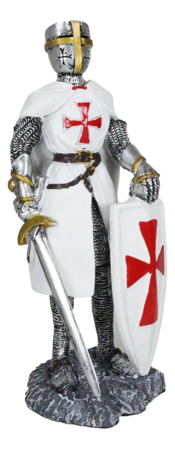White Cloak Medieval Crusader Swordsman With Shield Of Faith Knight Figurine-3