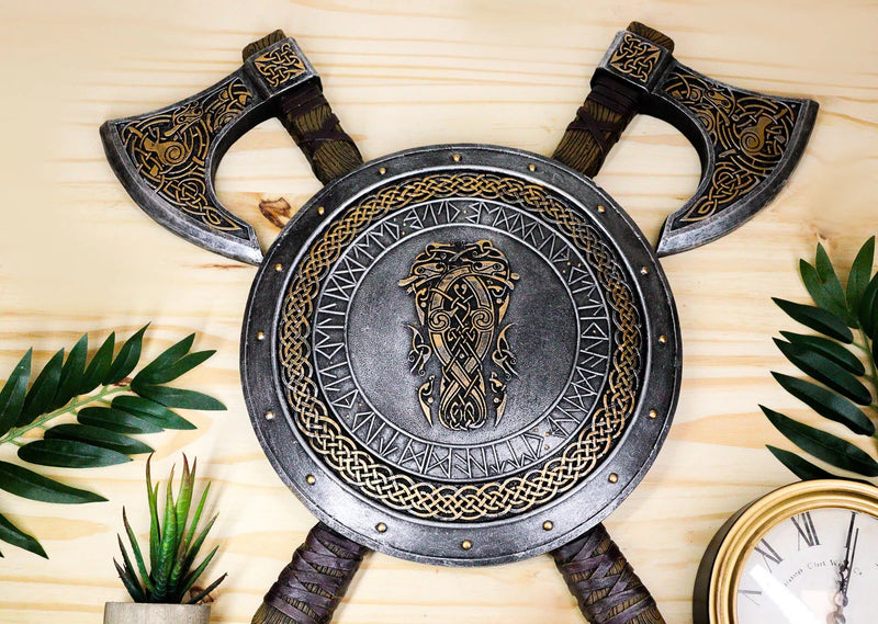 Viking Warrior Coat of Arms Ragnar Serpent Shield With Crossed Axes Plaque-1