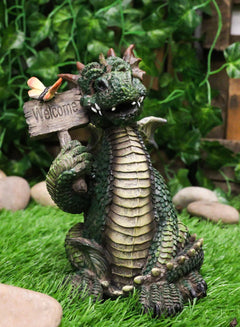 Whimsical Green Garden Dragon With Butterfly With Welcome Plank Sign Figurine-1