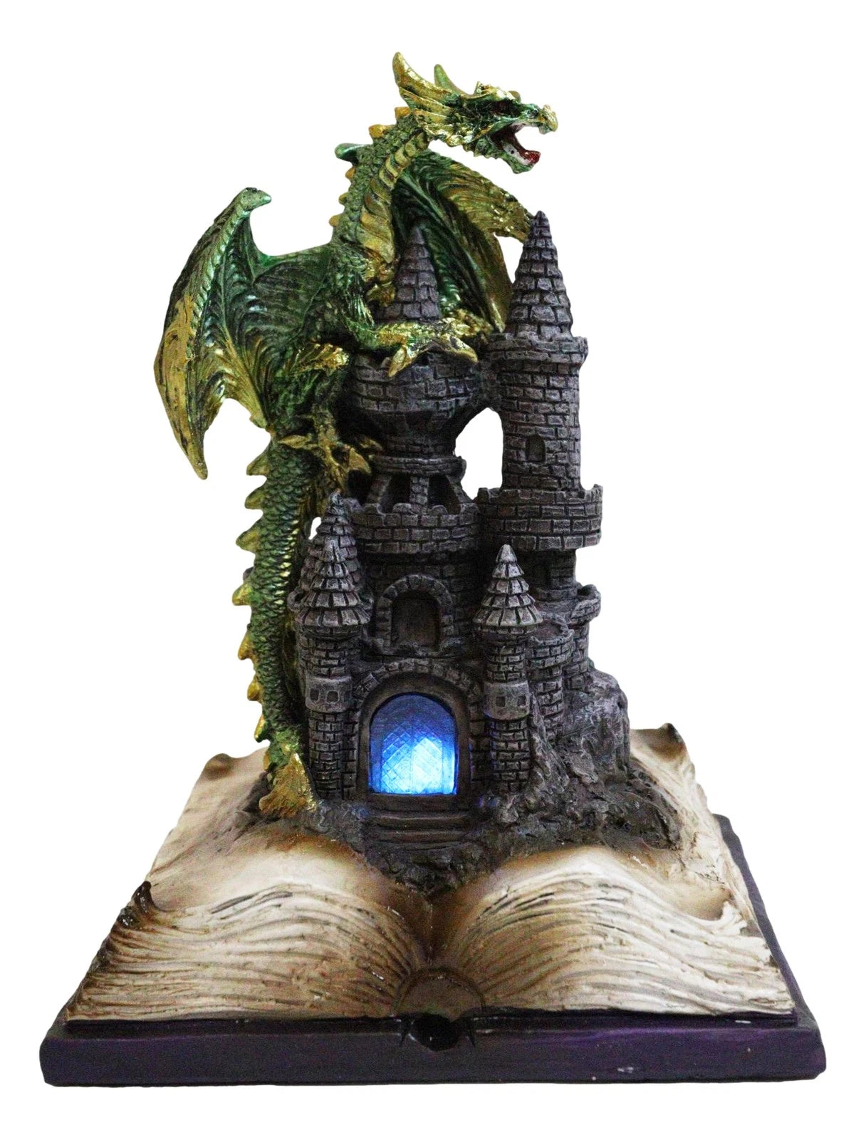 Medieval Green Dragon Perching On LED Castle With Book of Spells Figurine-4