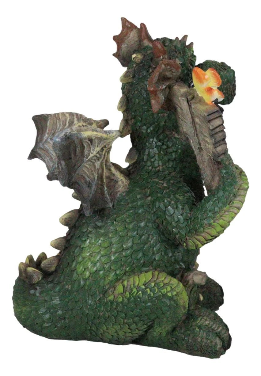 Whimsical Green Garden Dragon With Butterfly With Welcome Plank Sign Figurine-3