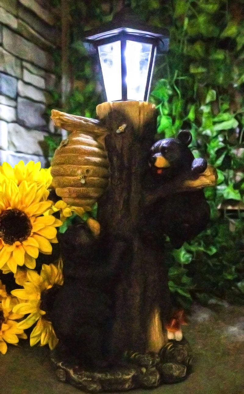 Large Climbing Black Bear Cubs With Beehive Statue W/ Solar LED Lantern Light-3