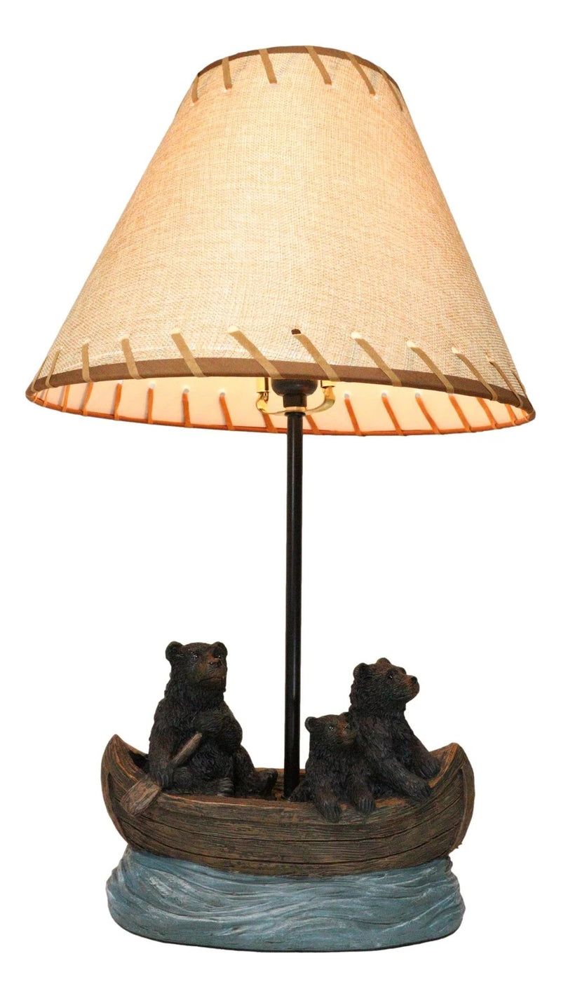 Rustic Woody Forest River Run Black Bears With Cub Rowing Canoe Boat Table Lamp-3