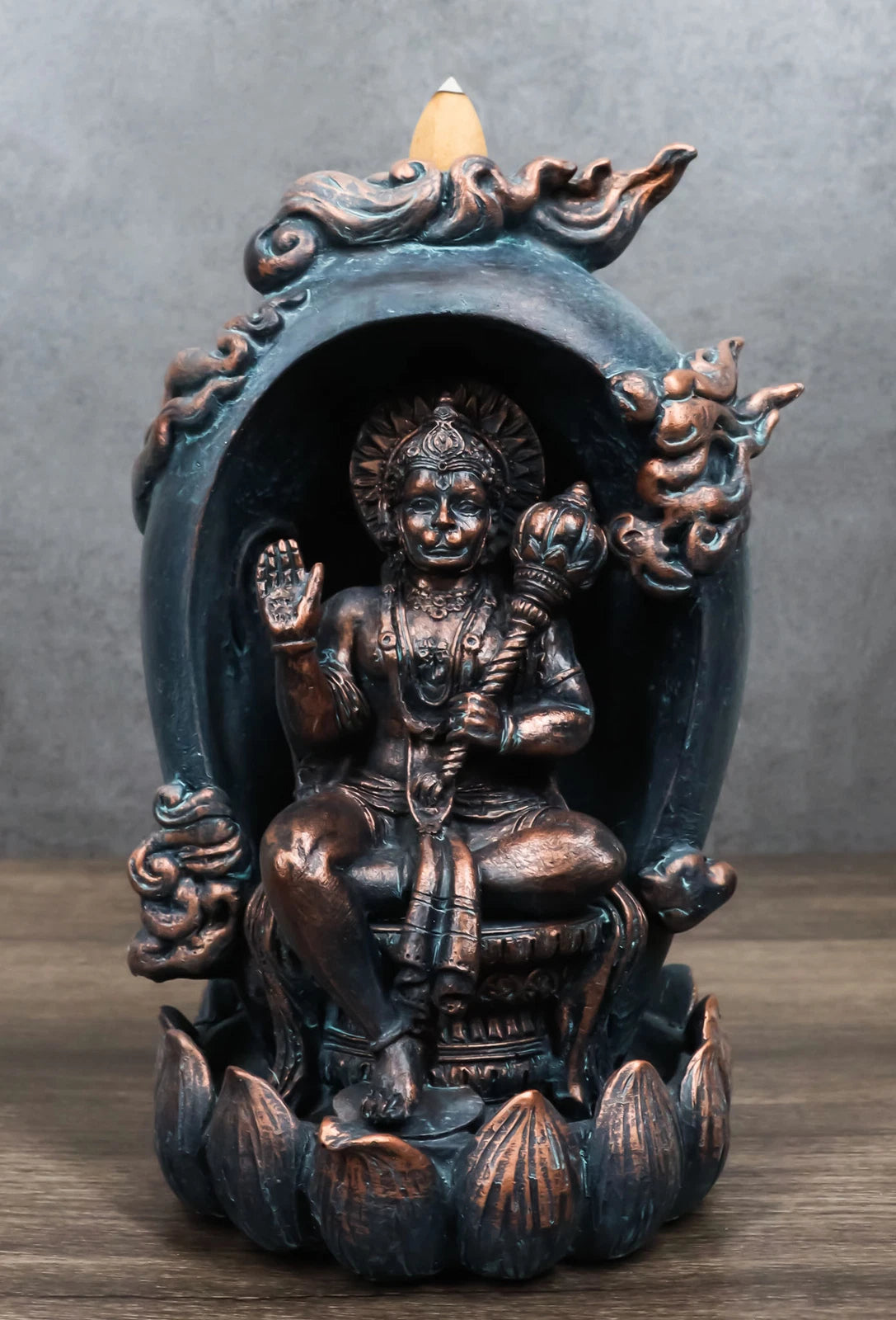 Hindu Buddha Hanuman Monkey God On Lotus Backflow Cone Incense Burner Figurine