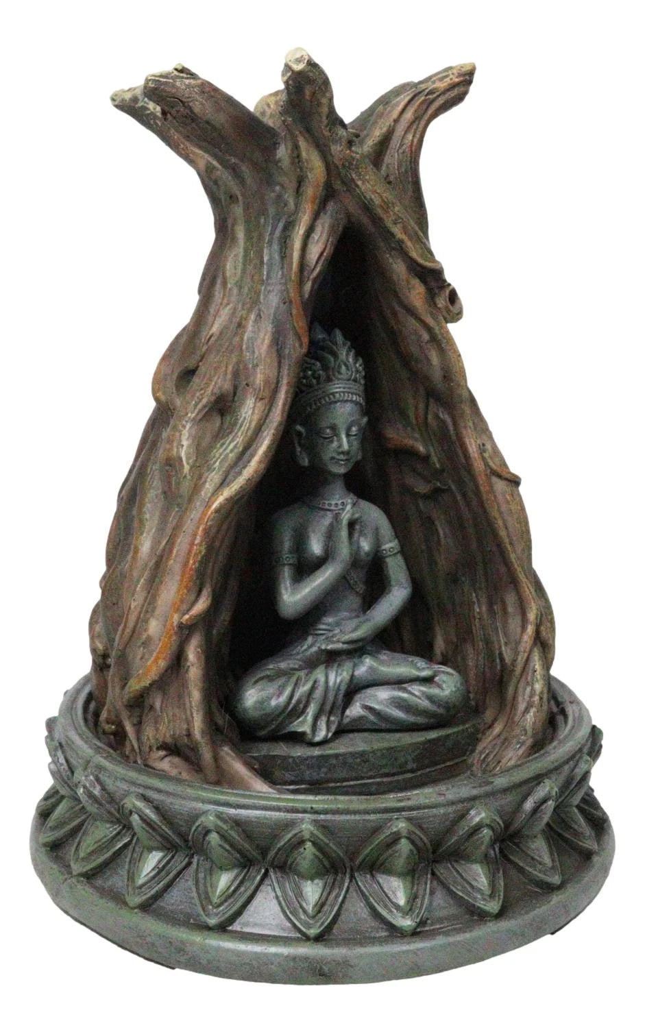 Amitabha Buddha Meditating Inside Tree Trunk Backflow Incense Burner Figurine