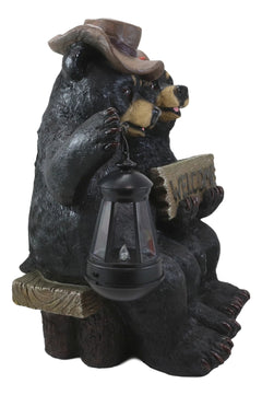 Rustic Black Bear Couple By Bench With Welcome Sign & LED Lantern Garden Statue-3