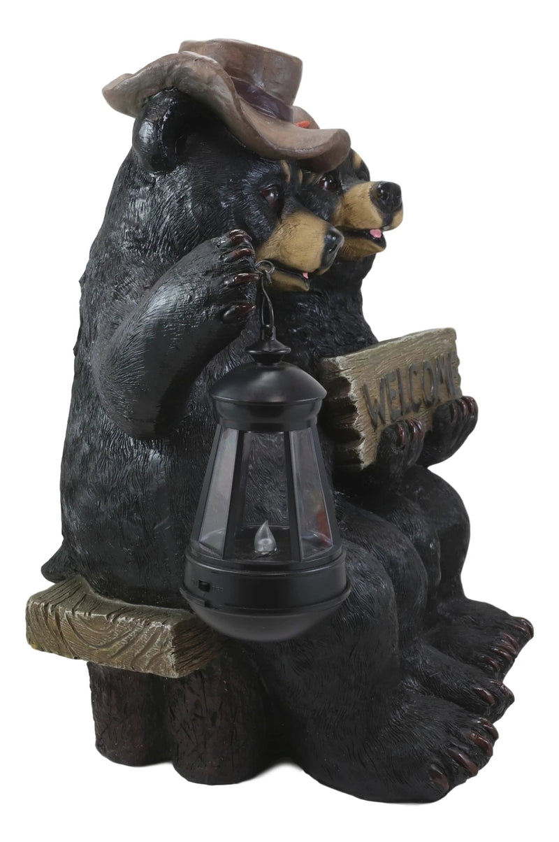 Rustic Black Bear Couple By Bench With Welcome Sign & LED Lantern Garden Statue-3