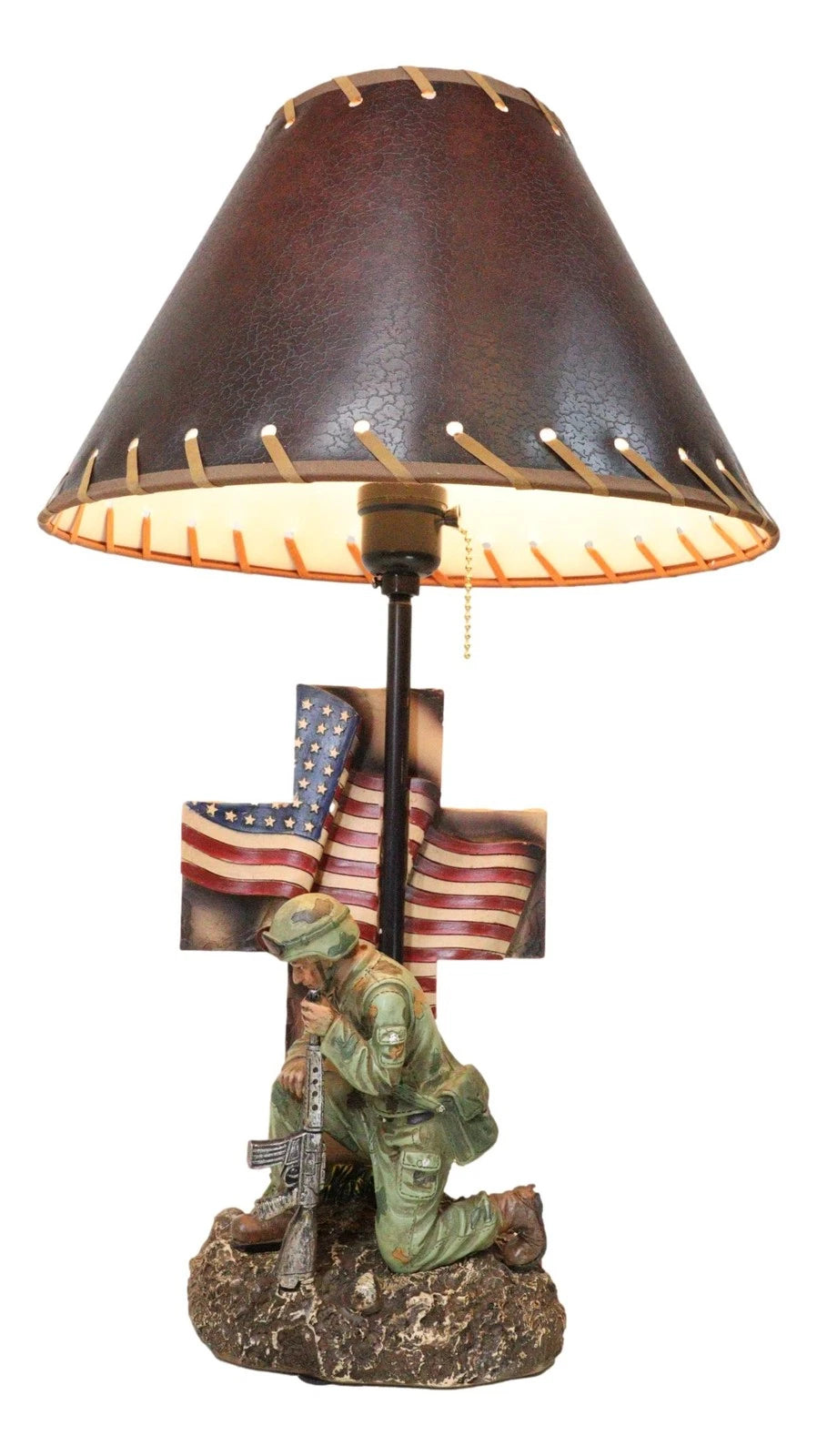 Patriotic Soldier With Rifle Kneeling By American Flag Cross Memorial Table Lamp-6