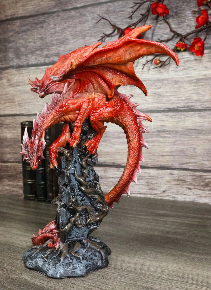 Wizard Fantasy Red Volcanic Dragon Perching On Rune Stone Tower Rock Figurine-1