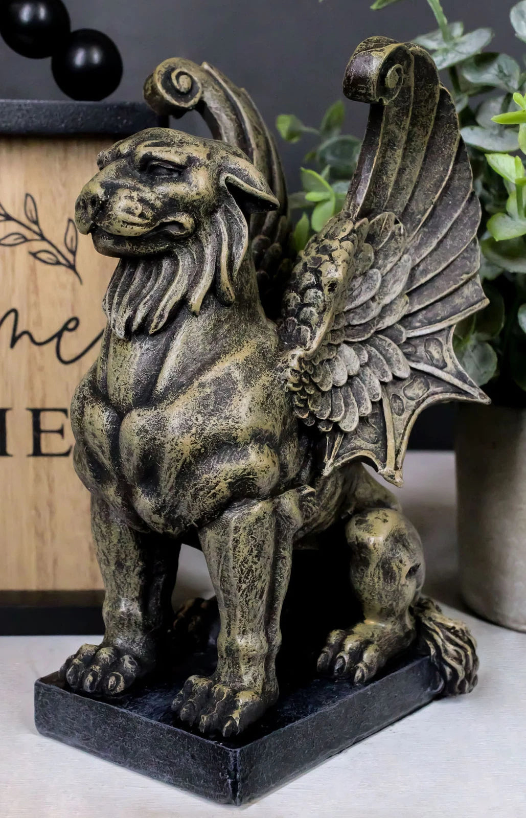 Lion Gargoyle with Griffin Wings Crouching On Pedestal Statue 6.5" Tall