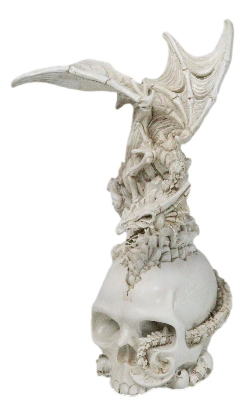 Ossuary Macabre Skeleton Bone Dragon Perching On Gothic White Skull Figurine-3