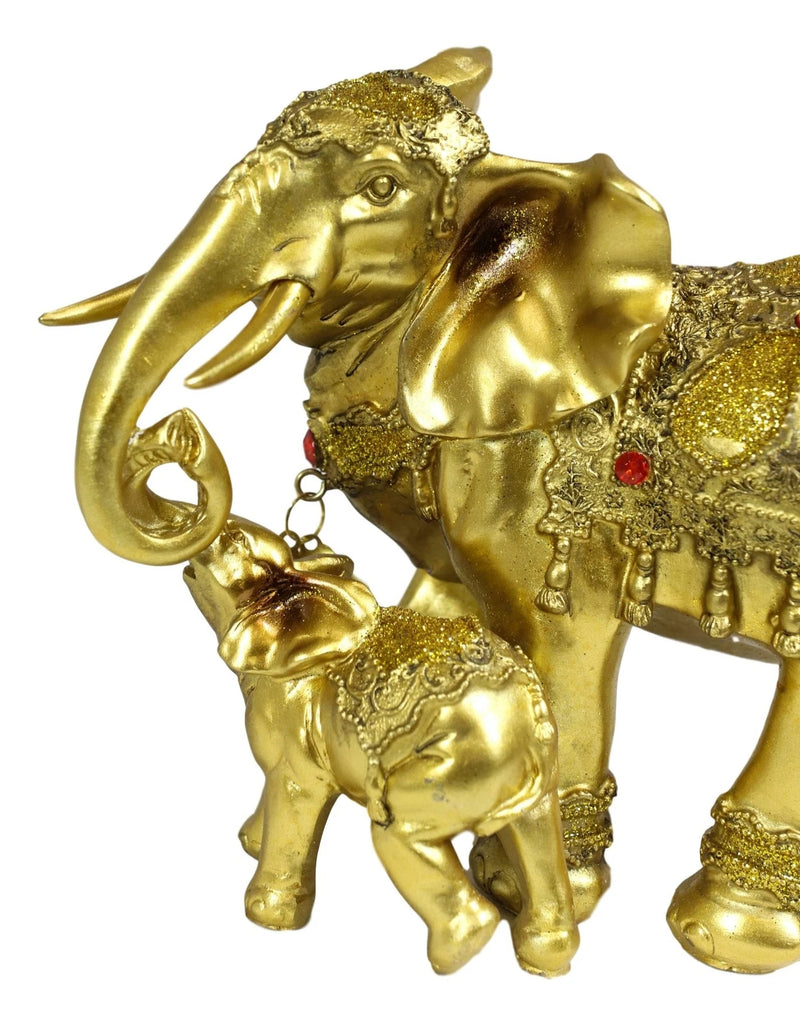 Estatua familiar de elefante dorado con cría, auspiciosa, según el Feng Shui y el budismo.-5