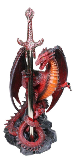 Figura de dragón de hoja viuda de roca volcánica de lava roja con espada abrecartas-5
