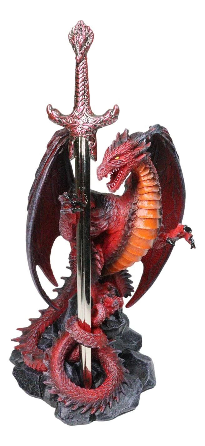 Figura de dragón de hoja viuda de roca volcánica de lava roja con espada abrecartas-5
