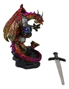 Red Metallic Fire Knight Dragon With Orb and Gothic Sword Letter Opener Figurine-5