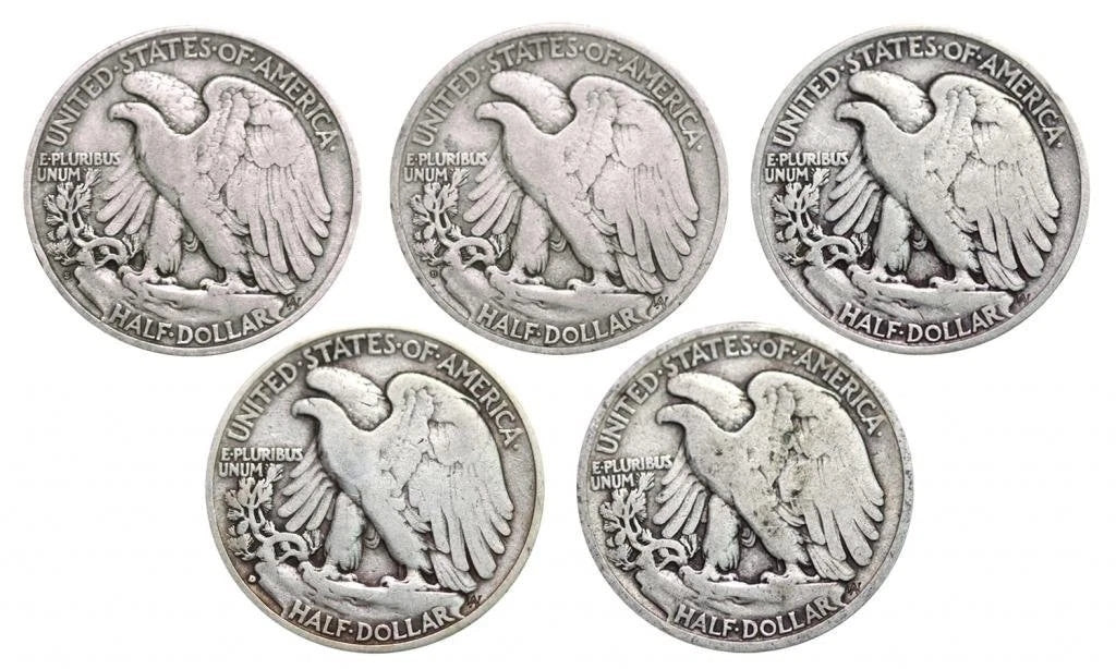 Walking Liberty Set of 5 Half Dollars Very Good Random Date