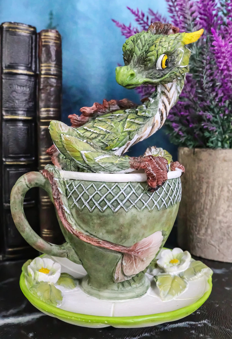 Fantasy English Green Tea Leaves And Flowers Dragon In Teacup & Saucer Figurine-2