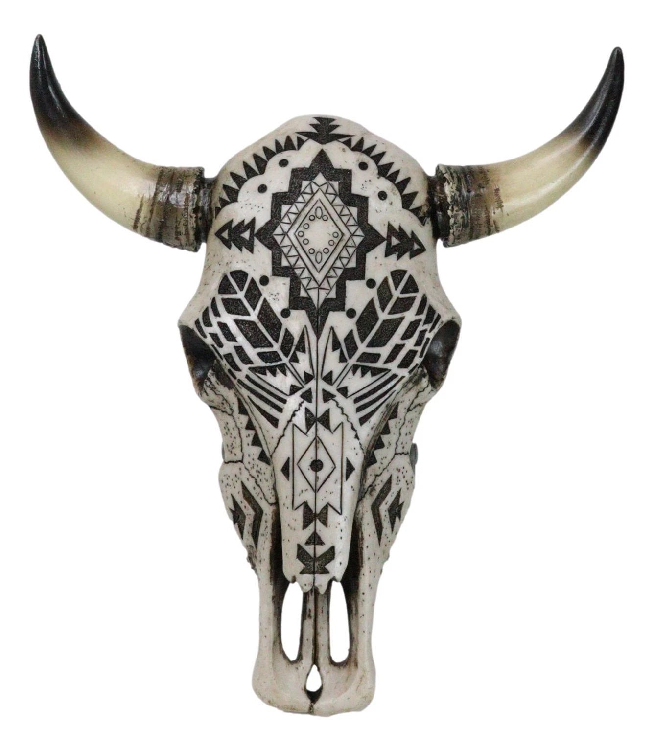 Western Tribal Aztec Vector Tattoo Patterns Horned Cow Skull Wall Decor Plaque-5