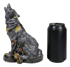 Steampunk Silver Alpha Wolf Howling Statue with Gears Base 7.5"H Figurine-6
