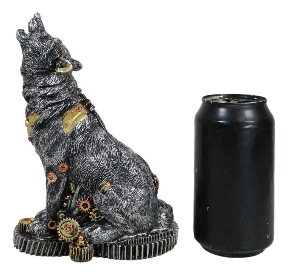 Steampunk Silver Alpha Wolf Howling Statue with Gears Base 7.5"H Figurine-6