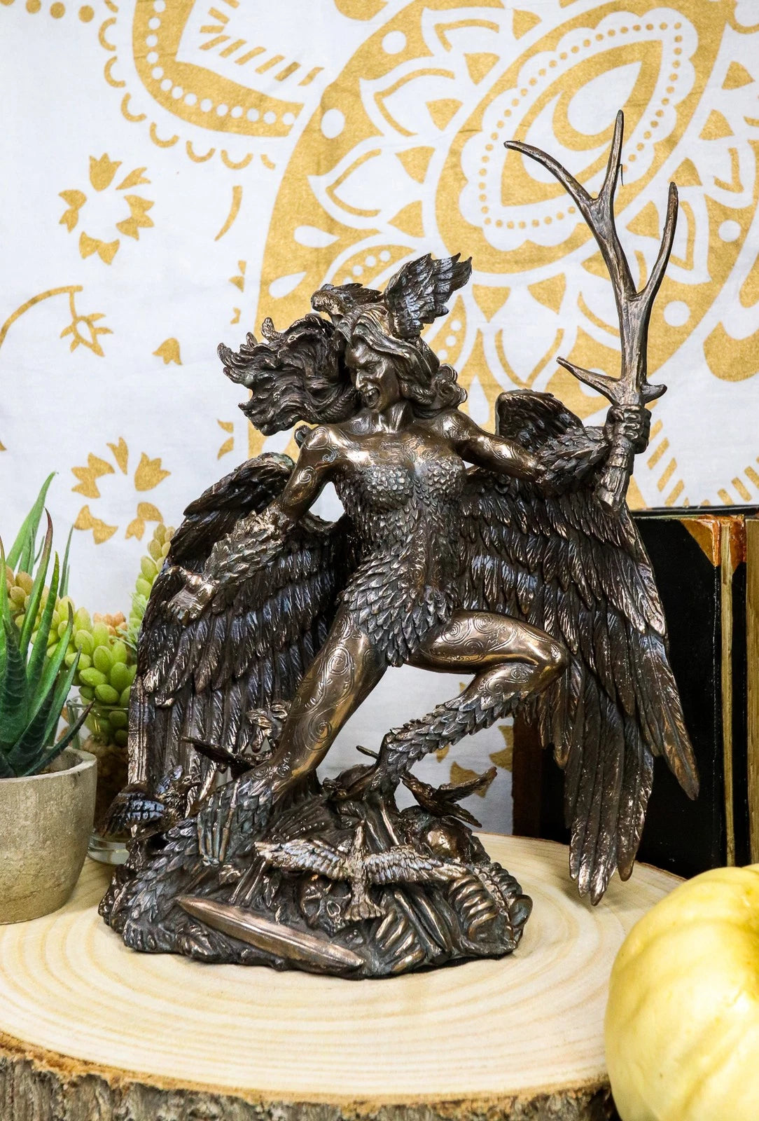 Irish Celtic War Goddess Winged Morrigan Phantom Queen W/ Antler Figurine-1