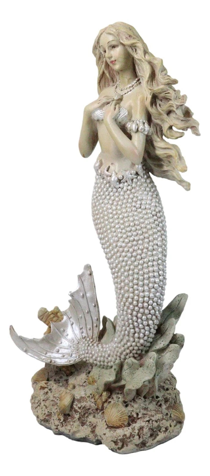Marine Vintaged Pearly White Ariel Mermaid Sitting On Sea Rock Figurine 16" H-3