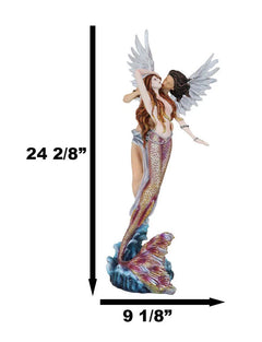 Large Goddess Mermaid Embracing With Heavenly Winged Angel By The Ocean Statue-7