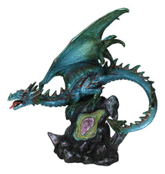 Large Aquamarine Iridescent Dragon Guarding LED Faux Crystal Geode Rock Figurine-6