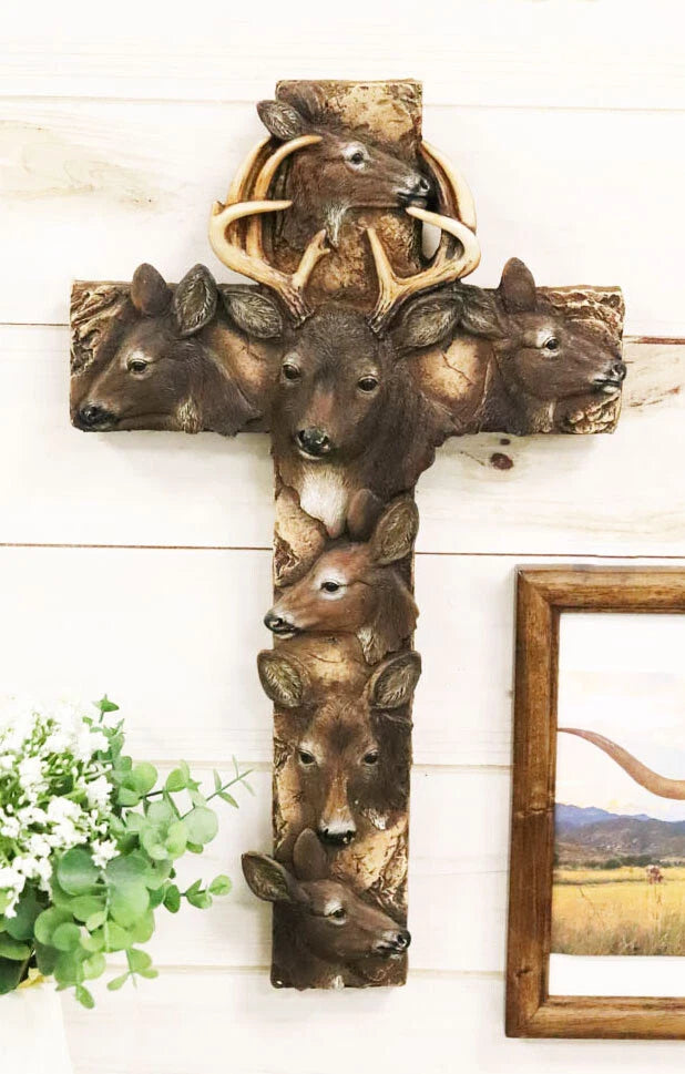 Rustic Western Wildlife Deer Stag with Antlers And Does Family Wall Cross Plaque-1